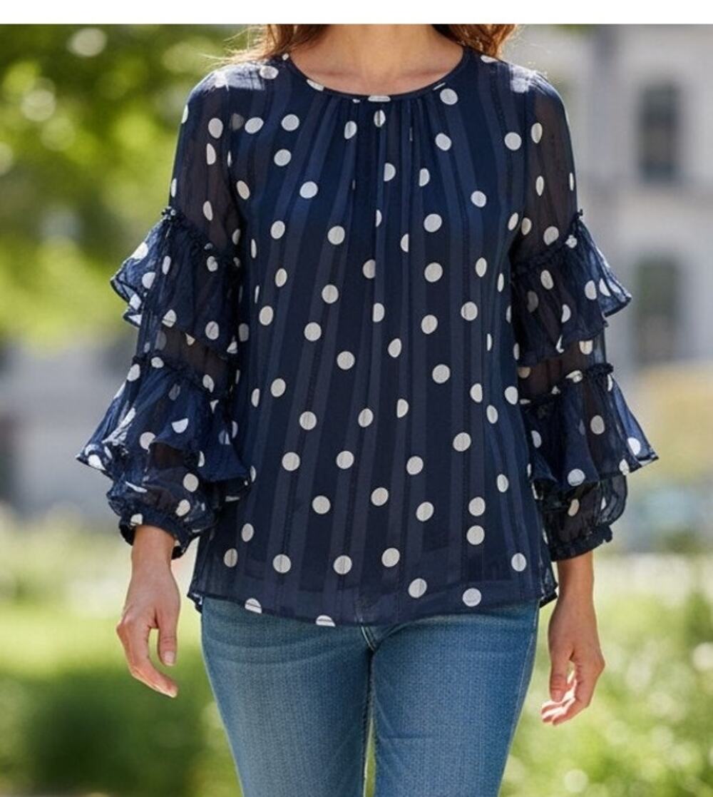 Chico's Polka Dot Pleat Sleeve Top Women's 1P (M Petite 8) Blue White